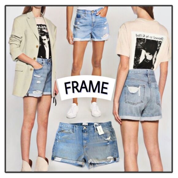 NWT Frame Denim Le Beau Distressed Cuffed Hem Jean Shorts in Elsey Rips - Picture 16 of 16